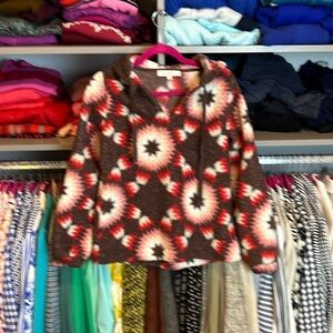 Loft brown/red/pink/white print fuzzy hooded sweater size XS